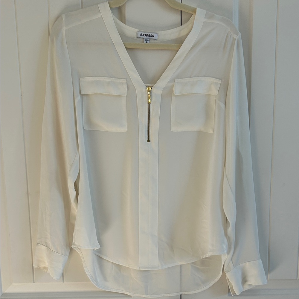 Express Cream Zip-Pocket V-Neck Blouse